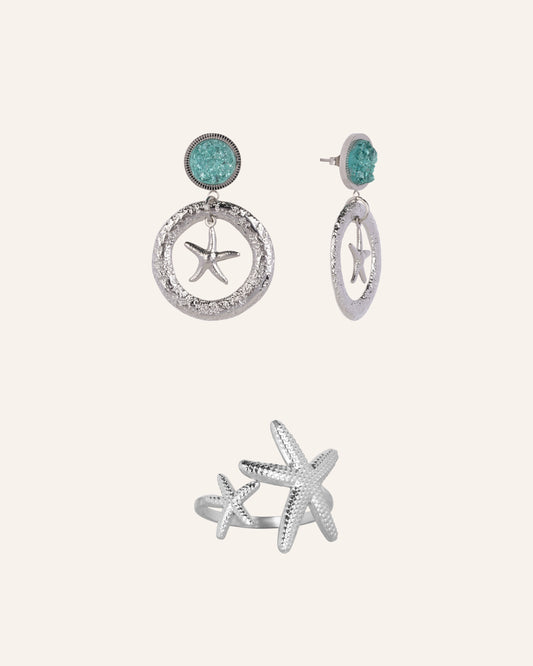 Set van statement oorbellen zilver en verstelbare ring zeester zilver - MAE.FAE The Label